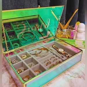 Iridescent aurora borealis Glass Jewelry Box with Gold Trim- price firm
